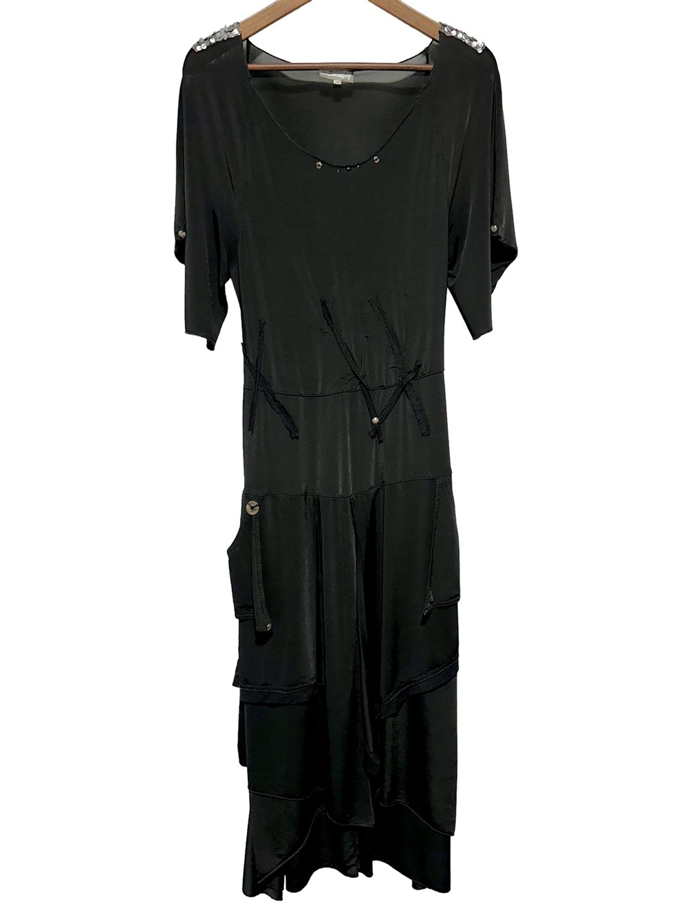 Caty Lesca Paris Black Lagenlook Asymmetrical Midi Maxi Dress Tie Detail 3